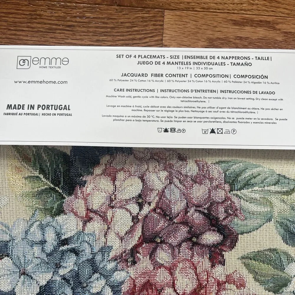 EMME Jacquard Gobelin Tapestry 4 Table Placemats Floral Hydrangea Cottage NEW
